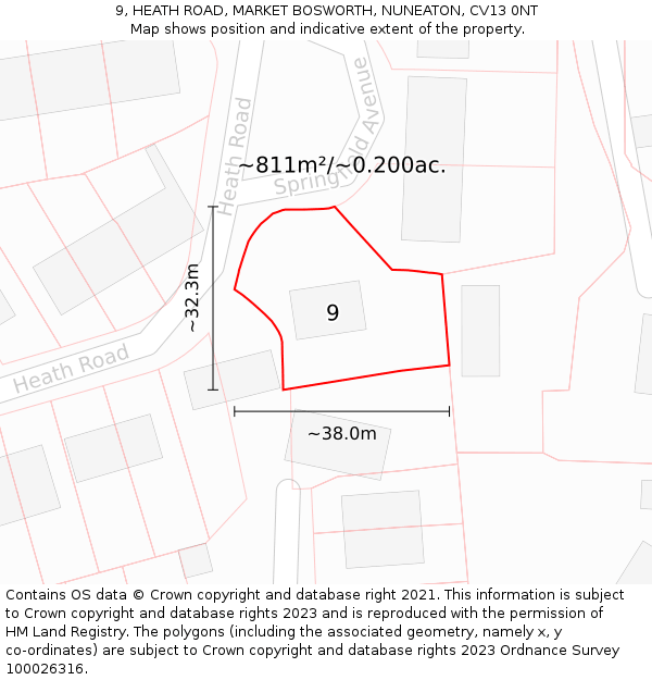 9, HEATH ROAD, MARKET BOSWORTH, NUNEATON, CV13 0NT: Plot and title map