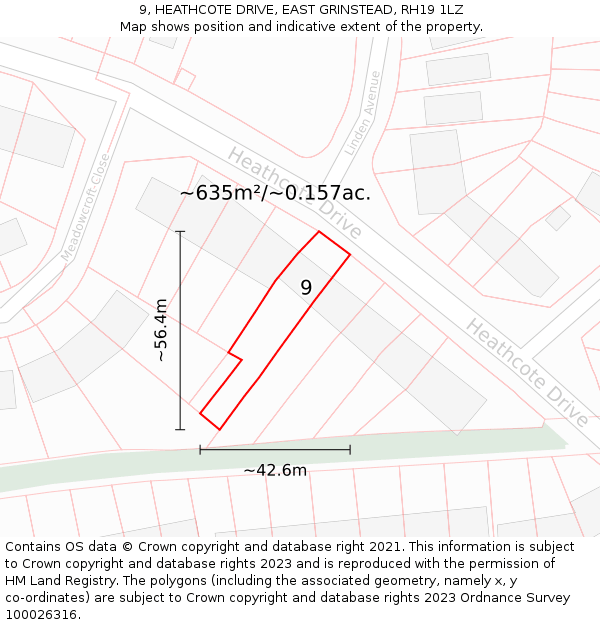 9, HEATHCOTE DRIVE, EAST GRINSTEAD, RH19 1LZ: Plot and title map