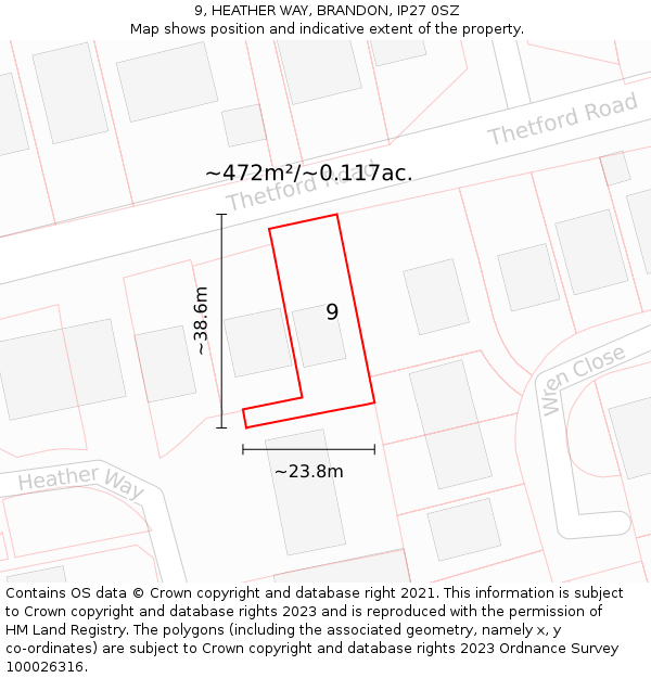 9, HEATHER WAY, BRANDON, IP27 0SZ: Plot and title map