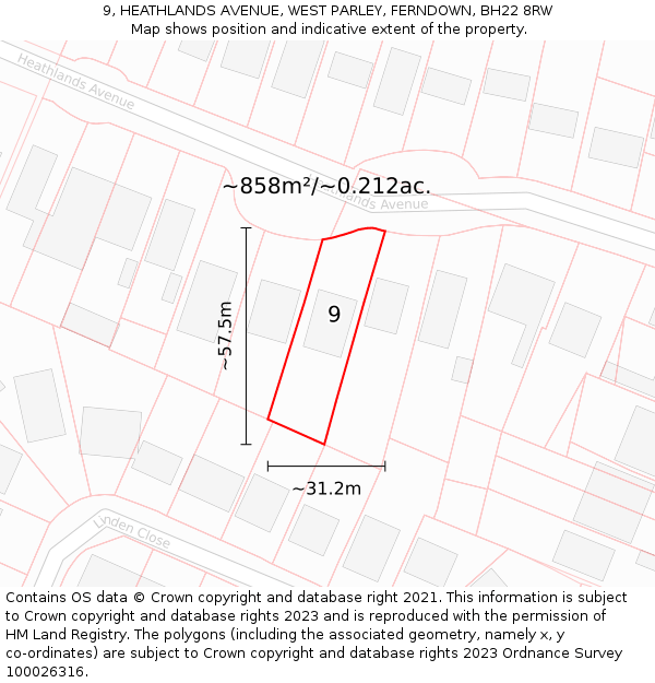 9, HEATHLANDS AVENUE, WEST PARLEY, FERNDOWN, BH22 8RW: Plot and title map