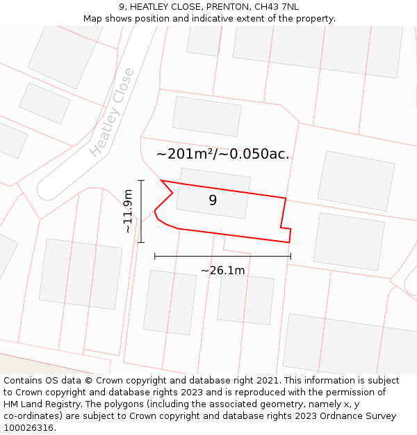 9, HEATLEY CLOSE, PRENTON, CH43 7NL: Plot and title map