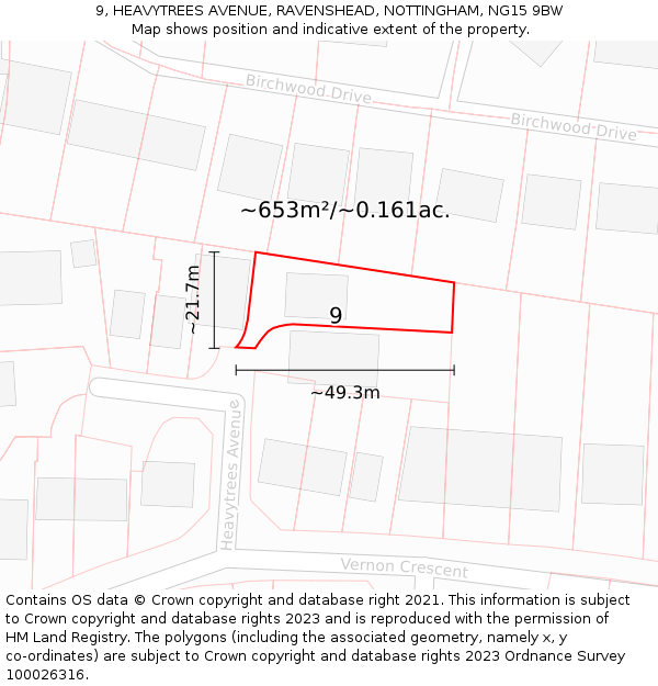 9, HEAVYTREES AVENUE, RAVENSHEAD, NOTTINGHAM, NG15 9BW: Plot and title map
