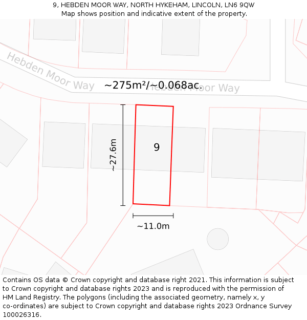 9, HEBDEN MOOR WAY, NORTH HYKEHAM, LINCOLN, LN6 9QW: Plot and title map