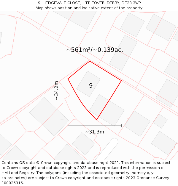 9, HEDGEVALE CLOSE, LITTLEOVER, DERBY, DE23 3WP: Plot and title map