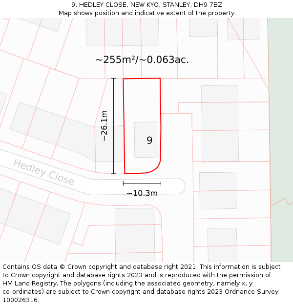 9, HEDLEY CLOSE, NEW KYO, STANLEY, DH9 7BZ: Plot and title map