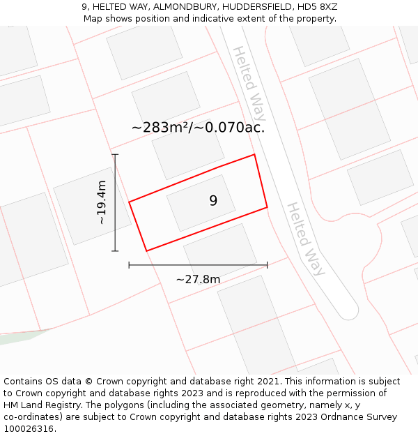 9, HELTED WAY, ALMONDBURY, HUDDERSFIELD, HD5 8XZ: Plot and title map