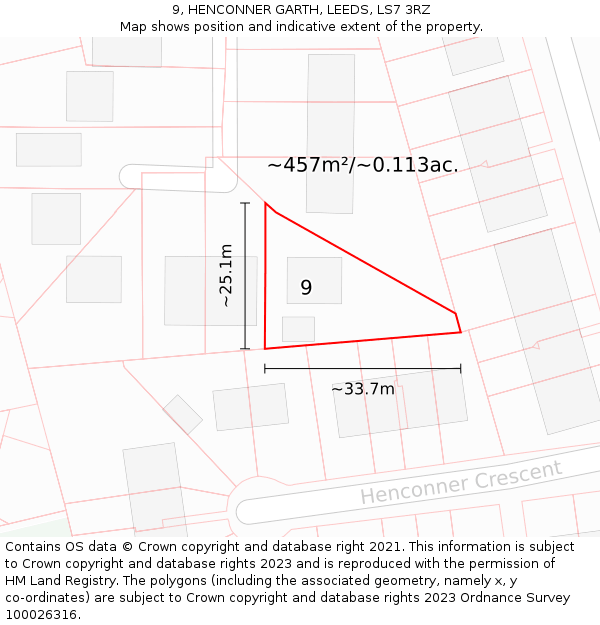 9, HENCONNER GARTH, LEEDS, LS7 3RZ: Plot and title map