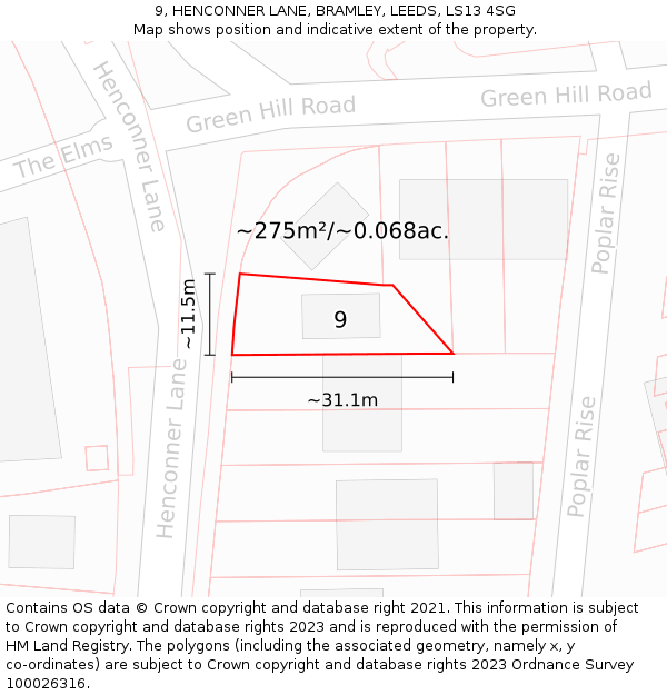 9, HENCONNER LANE, BRAMLEY, LEEDS, LS13 4SG: Plot and title map