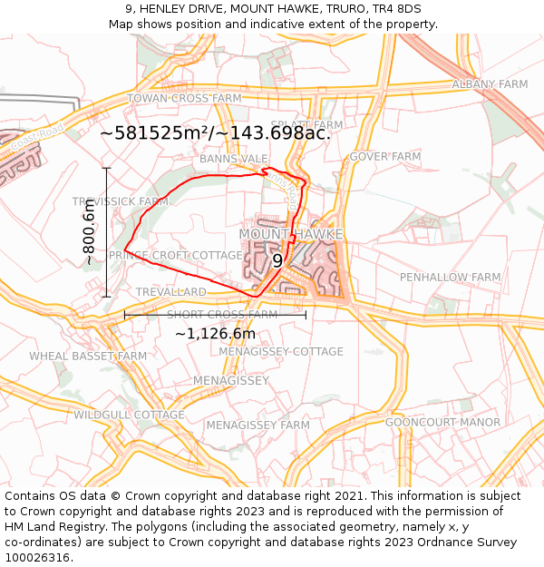9, HENLEY DRIVE, MOUNT HAWKE, TRURO, TR4 8DS: Plot and title map