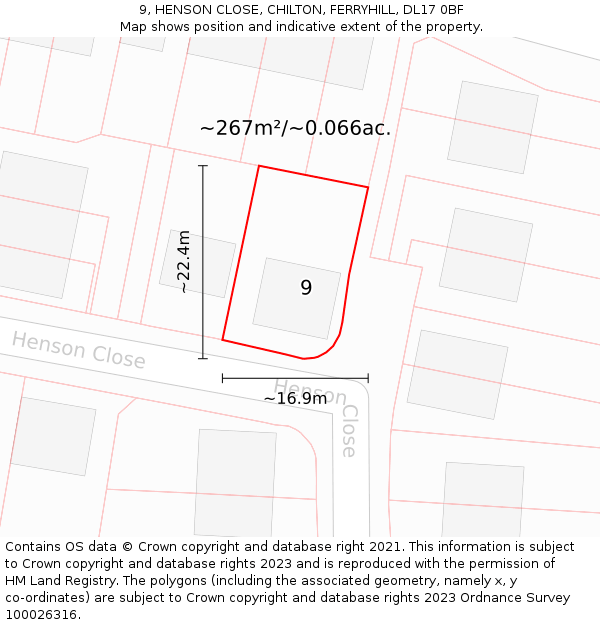 9, HENSON CLOSE, CHILTON, FERRYHILL, DL17 0BF: Plot and title map