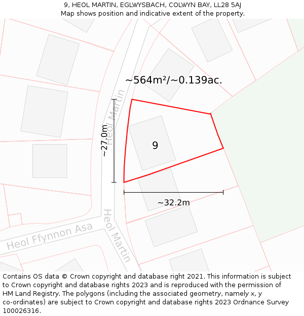 9, HEOL MARTIN, EGLWYSBACH, COLWYN BAY, LL28 5AJ: Plot and title map