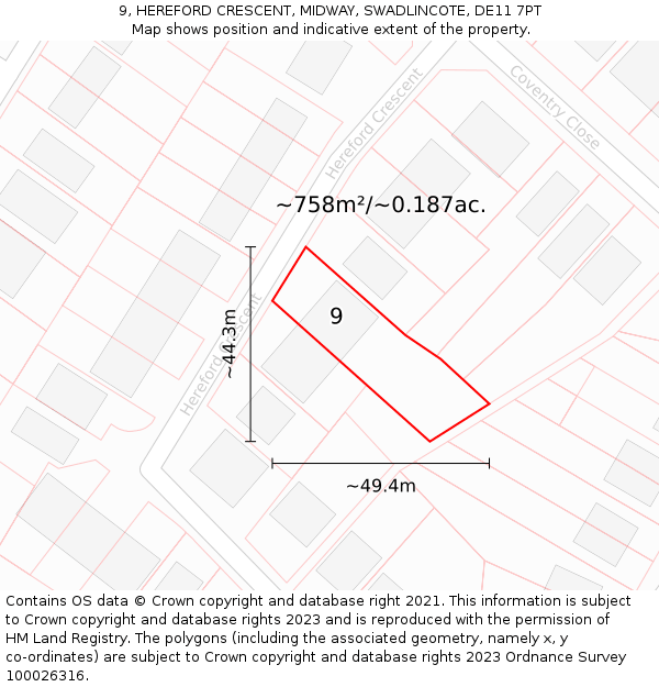 9, HEREFORD CRESCENT, MIDWAY, SWADLINCOTE, DE11 7PT: Plot and title map