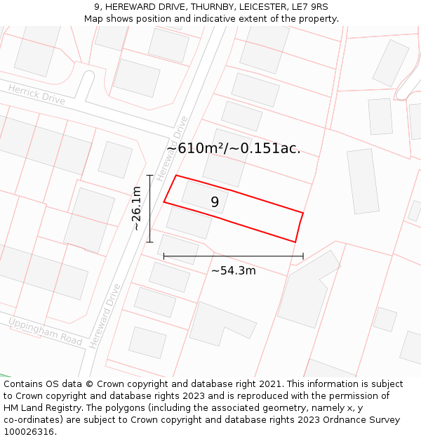 9, HEREWARD DRIVE, THURNBY, LEICESTER, LE7 9RS: Plot and title map