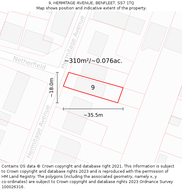 9, HERMITAGE AVENUE, BENFLEET, SS7 1TQ: Plot and title map