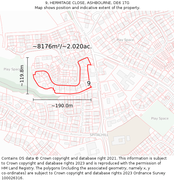9, HERMITAGE CLOSE, ASHBOURNE, DE6 1TG: Plot and title map