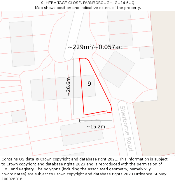 9, HERMITAGE CLOSE, FARNBOROUGH, GU14 6UQ: Plot and title map