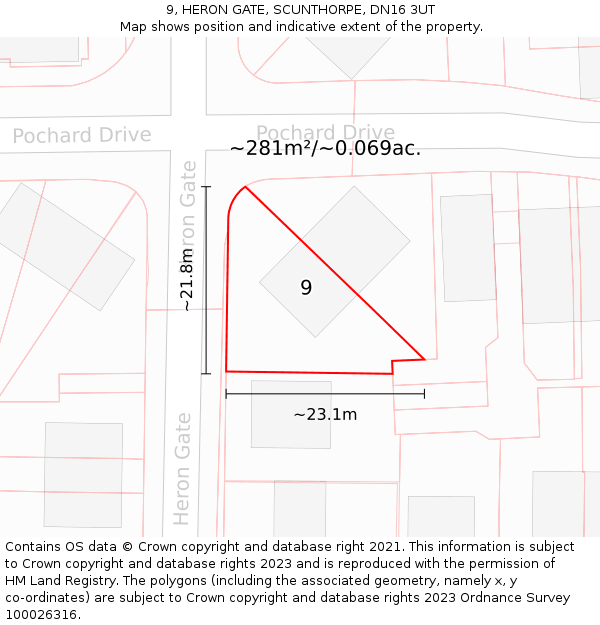 9, HERON GATE, SCUNTHORPE, DN16 3UT: Plot and title map