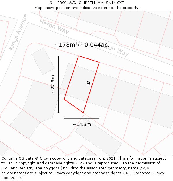 9, HERON WAY, CHIPPENHAM, SN14 0XE: Plot and title map
