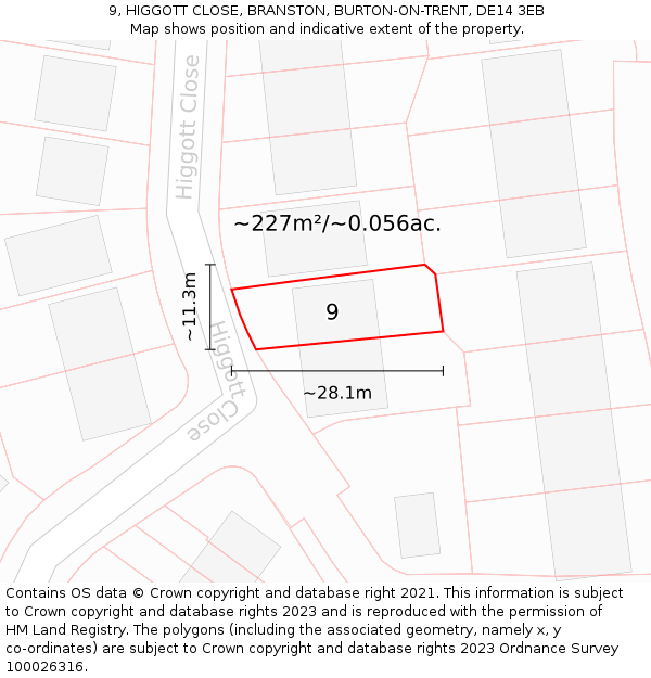 9, HIGGOTT CLOSE, BRANSTON, BURTON-ON-TRENT, DE14 3EB: Plot and title map