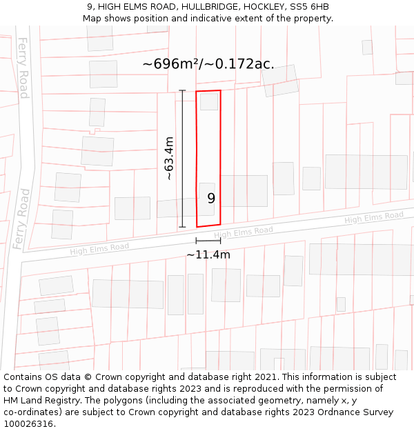 9, HIGH ELMS ROAD, HULLBRIDGE, HOCKLEY, SS5 6HB: Plot and title map