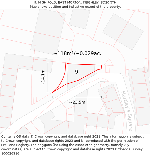 9, HIGH FOLD, EAST MORTON, KEIGHLEY, BD20 5TH: Plot and title map