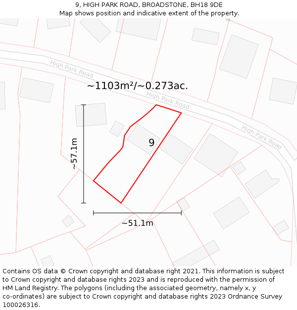 9, HIGH PARK ROAD, BROADSTONE, BH18 9DE: Plot and title map