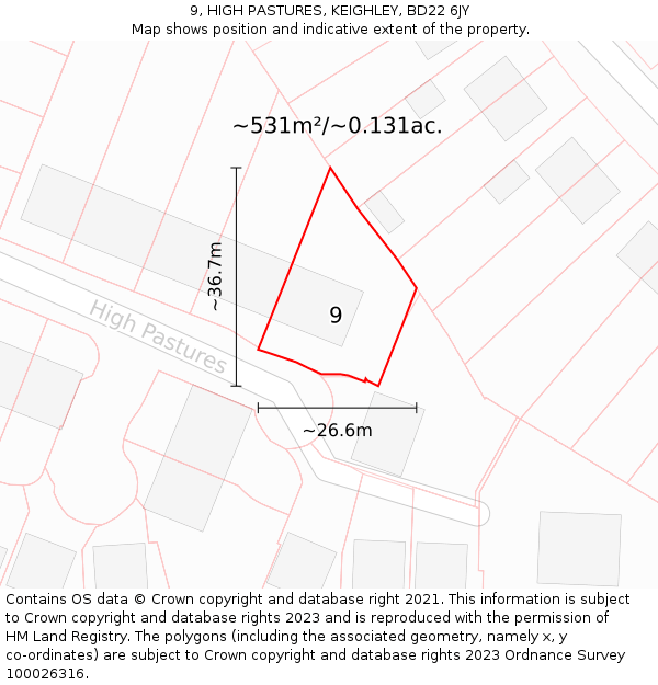 9, HIGH PASTURES, KEIGHLEY, BD22 6JY: Plot and title map