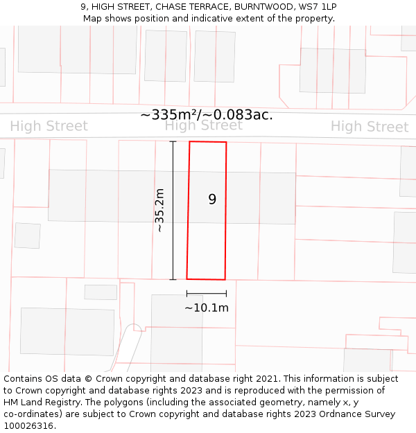 9, HIGH STREET, CHASE TERRACE, BURNTWOOD, WS7 1LP: Plot and title map