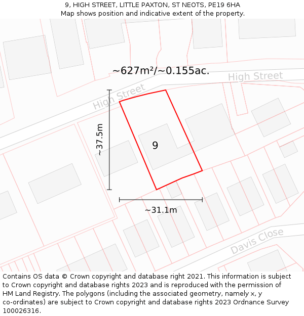 9, HIGH STREET, LITTLE PAXTON, ST NEOTS, PE19 6HA: Plot and title map