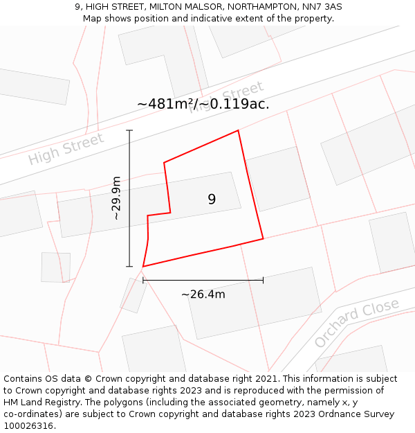 9, HIGH STREET, MILTON MALSOR, NORTHAMPTON, NN7 3AS: Plot and title map