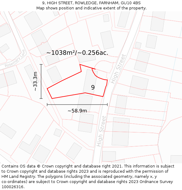 9, HIGH STREET, ROWLEDGE, FARNHAM, GU10 4BS: Plot and title map