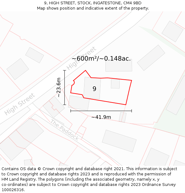 9, HIGH STREET, STOCK, INGATESTONE, CM4 9BD: Plot and title map