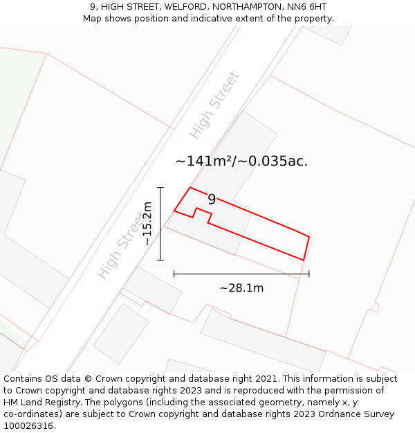 9, HIGH STREET, WELFORD, NORTHAMPTON, NN6 6HT: Plot and title map