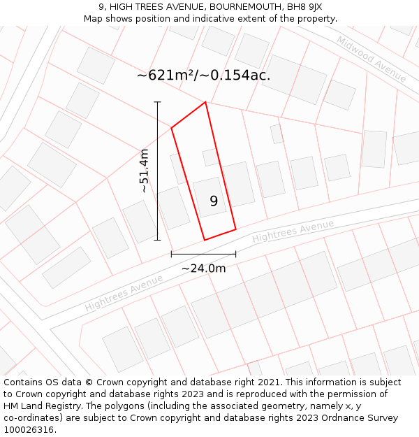 9, HIGH TREES AVENUE, BOURNEMOUTH, BH8 9JX: Plot and title map