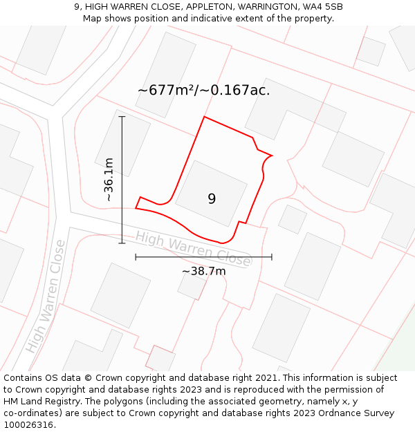 9, HIGH WARREN CLOSE, APPLETON, WARRINGTON, WA4 5SB: Plot and title map