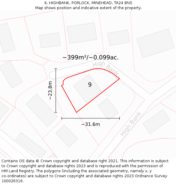 9, HIGHBANK, PORLOCK, MINEHEAD, TA24 8NS: Plot and title map