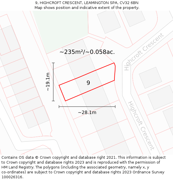 9, HIGHCROFT CRESCENT, LEAMINGTON SPA, CV32 6BN: Plot and title map