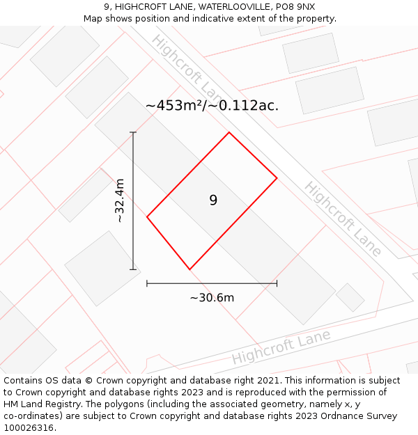 9, HIGHCROFT LANE, WATERLOOVILLE, PO8 9NX: Plot and title map