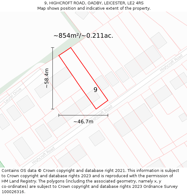 9, HIGHCROFT ROAD, OADBY, LEICESTER, LE2 4RS: Plot and title map