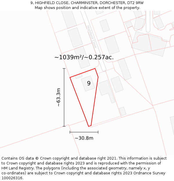 9, HIGHFIELD CLOSE, CHARMINSTER, DORCHESTER, DT2 9RW: Plot and title map