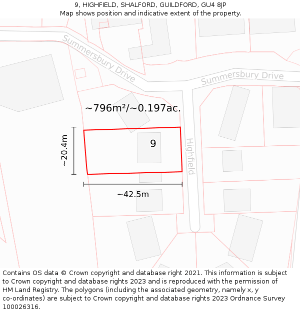 9, HIGHFIELD, SHALFORD, GUILDFORD, GU4 8JP: Plot and title map