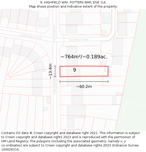 9, HIGHFIELD WAY, POTTERS BAR, EN6 1UL: Plot and title map