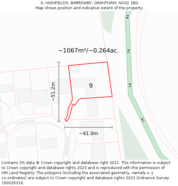 9, HIGHFIELDS, BARROWBY, GRANTHAM, NG32 1BG: Plot and title map