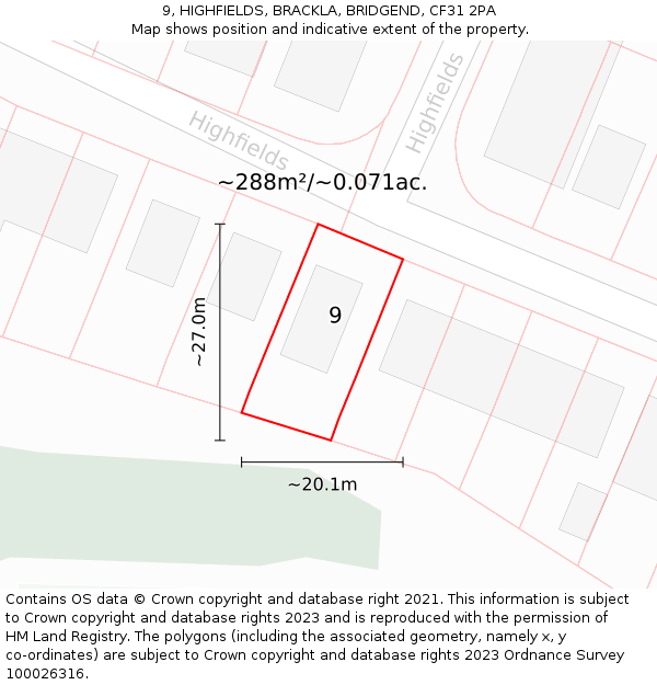9, HIGHFIELDS, BRACKLA, BRIDGEND, CF31 2PA: Plot and title map