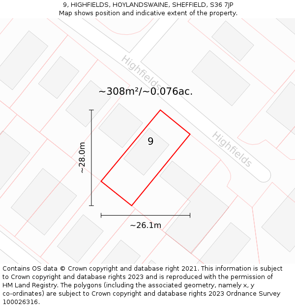 9, HIGHFIELDS, HOYLANDSWAINE, SHEFFIELD, S36 7JP: Plot and title map