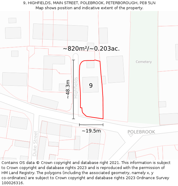 9, HIGHFIELDS, MAIN STREET, POLEBROOK, PETERBOROUGH, PE8 5LN: Plot and title map