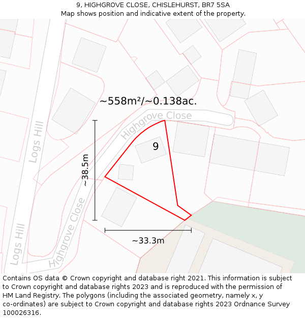 9, HIGHGROVE CLOSE, CHISLEHURST, BR7 5SA: Plot and title map