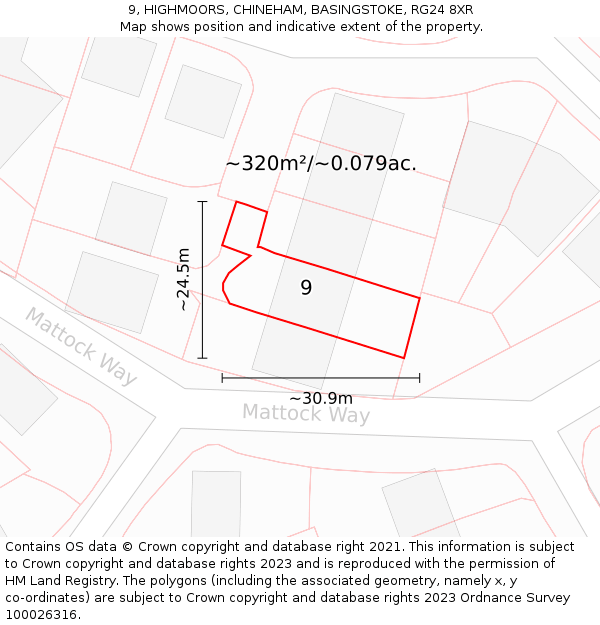 9, HIGHMOORS, CHINEHAM, BASINGSTOKE, RG24 8XR: Plot and title map