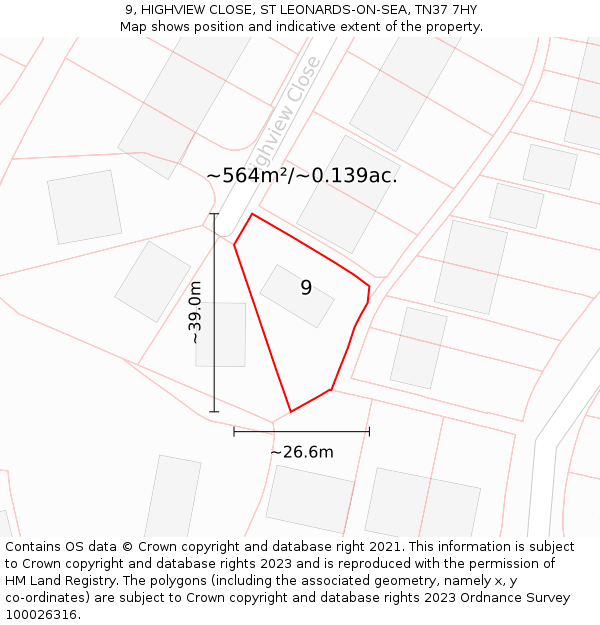 9, HIGHVIEW CLOSE, ST LEONARDS-ON-SEA, TN37 7HY: Plot and title map