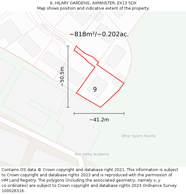 9, HILARY GARDENS, AXMINSTER, EX13 5DX: Plot and title map